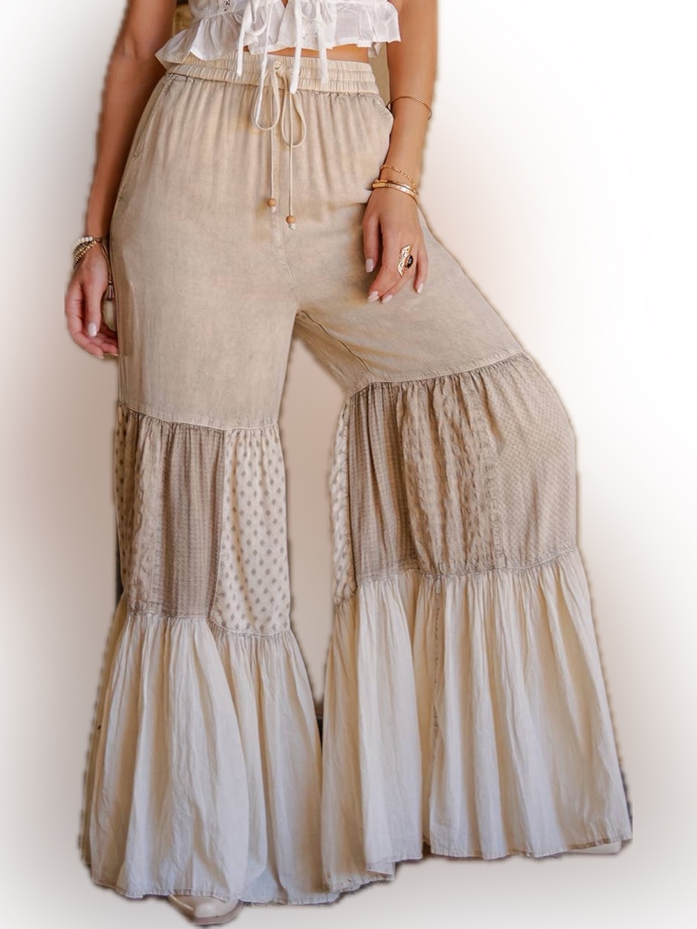 NWT- Tiered Wide-Leg Patchwork Pants - Latte Young Threads - Picture 14 of 14